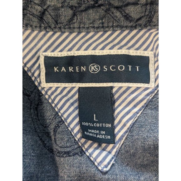 Karen Scott Short Sleeve Nautical Beach Print Denim Shirt Buttoned Down Sz L - Picture 6 of 8